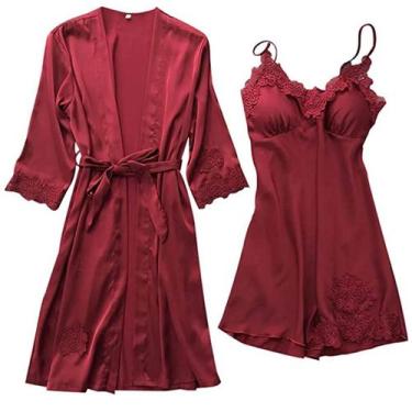 Imagem de Lingerie feminina seda renda robe vestido babydoll camisola pijamas co