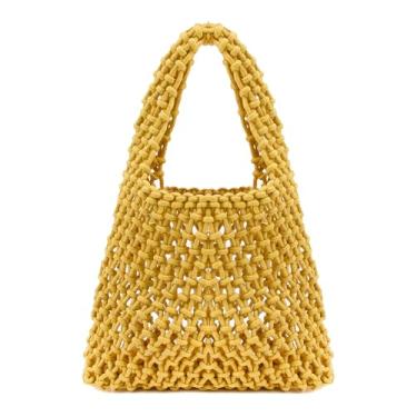 Imagem de Naimo Bolsa de praia de palha grande de tecido de vime, bolsa de ombro com rede de pesca, bolsa de corda de algodão, bolsa Hobo de crochê de verão, Amarelo, One Size