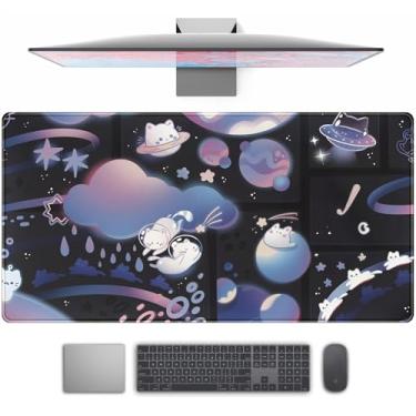 Imagem de Cats in Space Cute Desk Keyboard and Mouse Pad GG Extended Large Gaming Mouse Pad - Cat Desk Pad Gamer Girl Acessórios de mesa - Teclado e mouse pad para laptop de computador - 70 x 48 cm