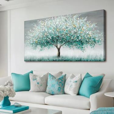 Imagem de selatala Arte de parede grande da árvore da vida, 50,8 cm x 101,2 cm, pinturas em tela texturizada de árvore verde natureza, moderna, grande, azul-petróleo, paisagem, decoração de parede, arte, sala