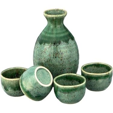 Imagem de JOEUQK Conjunto de 5 peças de saquê japonês inclui 1 garrafa de saquê e 4 peças de conjunto de copos de saquê de cerâmica, verde