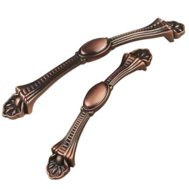 Imagem de CXYFQUUK Puxadores de móveis de liga de zinco, gaveta, guarda-roupa, armários de cozinha, armário, cômoda, puxadores de caixa de sapatos, puxador de porta pequeno, 2 peças (bronze vermelho 96 mm)
