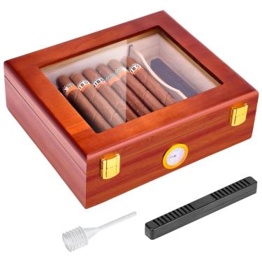 Imagem de Umidor de Charutos de Mesa com Tampo de Vidro, Higrômetro, Umidificador e Divisória - Cedro Espanhol ,TireQuik