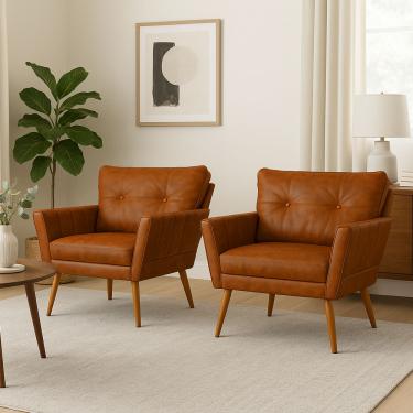 Imagem de Poltrona Sala Pé Palito Madeira Kit 2 Anitta Sintético PU Nozes D03 - D'Rossi