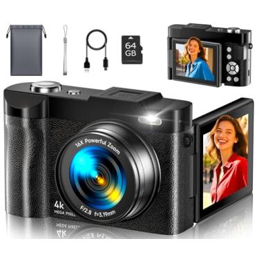 Imagem de Câmera digital 4K para fotografia - Câmera vlogging de foco automático de 48 MP com tela flip de 2,8 polegadas 180°, zoom digital de 16X - câmera compacta de ponto e disparo com SD de 64 GB para