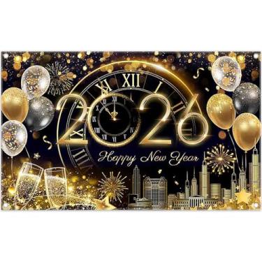 Imagem de Swepuck 183 x 109 cm 2026 Feliz Ano Novo Pano de Fundo Balões Ouro Preto Fogos de Artifício Relógio Contagem Regressiva Fotografia Fundo Familiar Festas Decorações Foto Banner Adereços