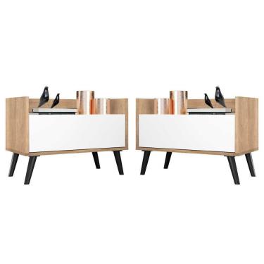 Imagem de Kit Com 2 Mesas De Cabeceira 80Cm Retrô Multimóveis V4002 Rustic/Branca/Preta Rustic/Branco/Preto
