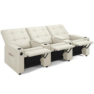 Imagem de Poltrona Do Papai Reclinável Cinema 3 Lugares Manual Baú Usb Haifa F05 Veludo Bege - Lyam Decor