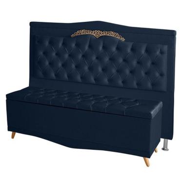 Imagem de Kit De Cabeceira De Cama Box E Calçadeira Baú Barcelona Queen 160 Cm Retro Capitonê Suede Azul Marinho Do Lar Móveis