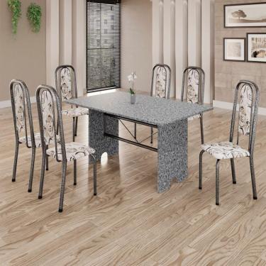 Imagem de Conjunto De Mesa Tubular 6 Cadeiras 140x75cm Mart Prata Com Tampo Em Granito Ocre Letícia 070 - Tudo De Móveis Preto Floral
