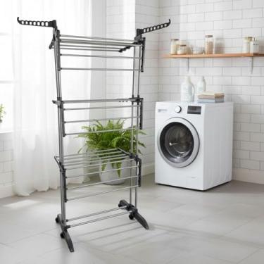 Imagem de Multi Varal de Chão com Bandejas e Pés Dobráveis 3 Andares com Cabideiro – Varal Portátil Preto em Aço e ABS, Dobrável, Resistente, Ajustável e Leve, Ideal para Roupas, Toalhas e Lavanderias Compactas