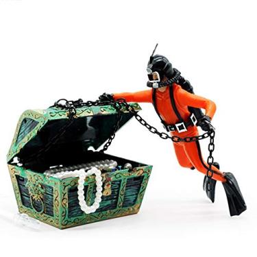 Imagem de Ornamento de Mergulhador Flutuante para Aquário com Baú Tesouro Móvel Ação Bolhas Abertura e Fechamento ao Vivo Oxigena o Base Resistente Decoração Água Doce Salgada