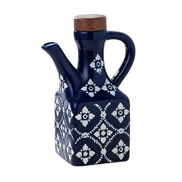 Imagem de Dispensador de óleo e vinagre garrafa de cerâmica com rolha de madeira retrô design de porcelana azul e branca formato quadrado armazenamento de temperos recipiente de molho de soja condimento (azul)