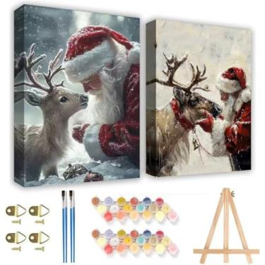 Imagem de KYOQFVN Pintura de Natal por números para adultos iniciantes com cavalete de madeira, 2 kits de pintura para adultos por números em tela emoldurada - pintura acrílica fácil por números para decoração