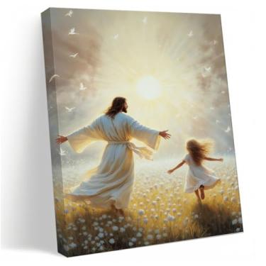 Imagem de Luz da vida, arte de parede em tela cristã, pintura de Jesus dançando com menina, arte de Jesus Cristo, arte de versículo da Bíblia para decoração de sala de estar e escritório em casa