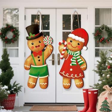 Imagem de Thyle 2 peças de placa de madeira para pão de gengibre de Natal, 68 x 25 cm, decoração de Natal para porta da frente, pão de gengibre, suporte de porta de boas-vindas para uso externo, interior