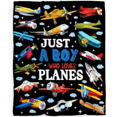 Imagem de Cobertor de avião Just A Boy Who Loves Planes Cobertor Presente para Menino Menina Criança Avião Amor, 127 cm x 152 cm Macio Confortável Pelúcia Leve Manta de Flanela para Sofá Viagem