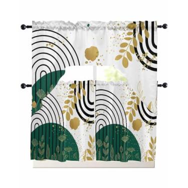 Imagem de Boho Green Swag Conjunto de cortinas de cozinha com saia e camadas de 61 cm de comprimento, folha dourada preta boêmia, planta, círculo, flor, varão, bolso, cortinas para sala de estar, quarto