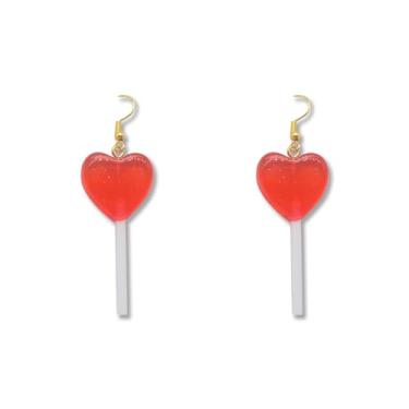 Imagem de Brincos de pirulito de coração, fofo, rosa, coração, doce, dia dos namorados, brincos de pirulito de acrílico para dia dos namorados, formato de coração, para mulheres e meninas, Acrílico, Sem pedra