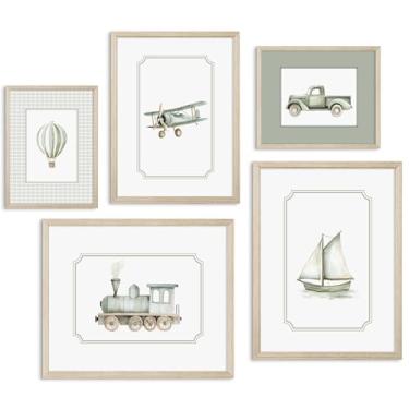 Imagem de Arte de parede de berçário verde sálvia pôster em tela para quarto de meninos decoração de parede infantil impressões de veículos vintage imagens de bebês crianças pequenas transporte avião pintura