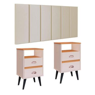 Imagem de Cabeceira Estofada Modular Box Casal 1,40 Julia Areia Jogo 2 Mesinha Pequena Gaveta Nicho Canto Lateral Cama Off White/Cinamomo Classic New-RPM