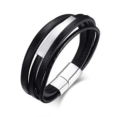 Imagem de Rockyu Pulseira masculina, marca de couro, preta, couro preto, placa, escudo, pulseira multicorda, design simples, pulseira masculina, 7,5 polegadas (190 mm), não irrita a pele, metal hipoalergênico