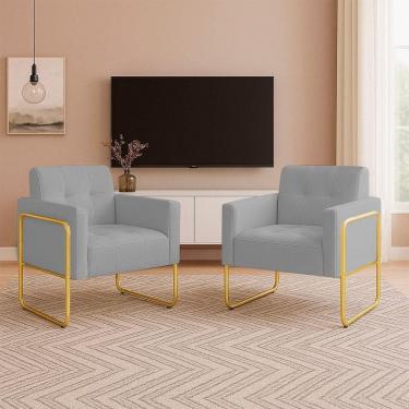 Imagem de Poltrona Sala Industrial Alta Tubo Dourado Kit 2 Elisa Veludo D03 - D`rossi Cor Cinza