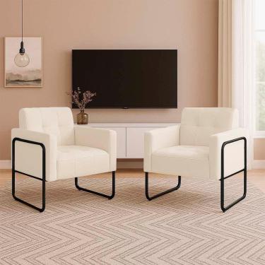 Imagem de Poltrona Sala Industrial Alta Tubo Preto Kit 2 Elisa Veludo D03 - D`rossi Cor Bege