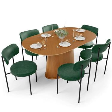 Imagem de Mesa Valência Com 06 Cadeiras Para Sala De Jantar Louise L02 Couríssimo Verde - Lyam Decor