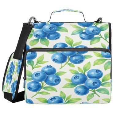 Imagem de Blueangle Fichário de 3 anéis com estampa de mirtilo em aquarela com zíper, capacidade para 500 folhas, com alça de ombro e alça (293)