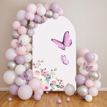 Imagem de Capa de fundo de arco de borboleta roxa beijos, moldura dupla face, capa elástica para decoração de chá de bebê de borboleta rosa para festa de aniversário de meninas (10 x 18 pés, G-3343)