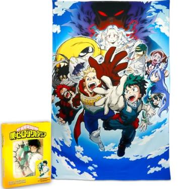 Imagem de My Hero Academia Conjunto de faixa de festa de aniversário – Pacote com pôster de pano de fundo de super-herói de 134,6 cm x 205,7 cm e suporte de deku | Decorações de festa de aniversário My Hero
