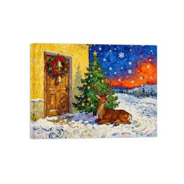 Imagem de Arte de parede paisagem imagem em tela - árvore de inverno veado casa de veado decoração moderna impressão de pintura para sala de estar pronto para pendurar 50 x 65 cm 20 x 26 pol tela embrulhada