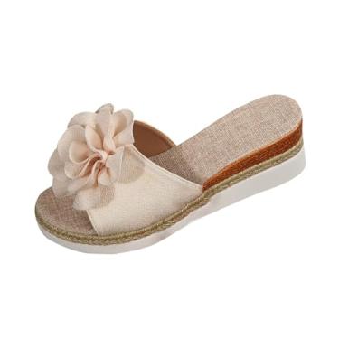 Imagem de Sandálias de praia estilo verão cor sólida uma linha flor desgaste exterior salto cunha chinelos de fundo grosso, Bege, 35