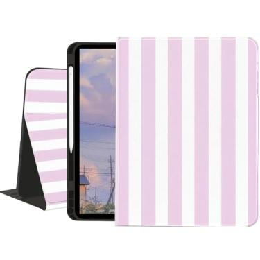 Imagem de Capa quadriculada para iPad Air de 11 polegadas, M3 (2025)/M2 (2024), iPad Air 5ª/4ª geração 11 polegadas, capa texturizada com listras brancas rosa com suporte para lápis, vista multiângulo, suporte
