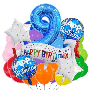 Imagem de Conjunto de suprimentos de 9º aniversário azul, conjunto de decoração de 9 anos colorido, balão de banner de feliz aniversário de 9 anos para meninas, meninos, crianças, adultos, decoração de festa de