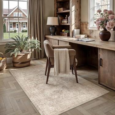 Imagem de WondRg Tapete de área lavável bege 10 x 15 cm para sala de estar, quarto, neutro, macio, antiderrapante, tapete antideslizante, vintage, para sala de jantar, berçário, escritório, ambientes internos