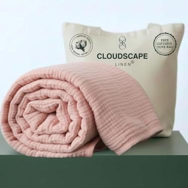 Imagem de CLOUDSCAPE LINEN Cobertor luxuoso de musselina 100% algodão, tamanho Queen, 4 camadas grandes 90 x 90 para cama de casal, cobertores de inverno em camadas para cama, colcha de gaze macia, roupa de