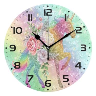 Imagem de JUZIHAI Relógio de parede com cavalo arco-íris, silencioso, sem tique-taque, redondo, operado por bateria, fácil de ler, relógio decorativo de parede para casa, cozinha, sala de estar, quarto