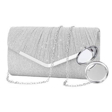 Imagem de STWPYL Bolsa clutch noturna feminina com alça de corrente intercambiável e espelho – Bolsa de casamento, formatura e festa, C1 - prata