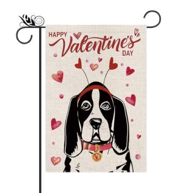 Imagem de Feliz Dia dos Namorados Bandeira de jardim Basset Hound cão amor coração aniversário decorações de férias vertical dupla face para jardim externo decoração de gramado 12,5 x 18 polegadas