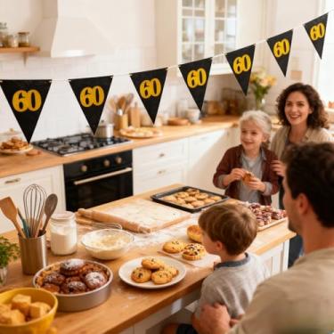 Imagem de Faixa de flâmula de aniversário de 60 anos pré-amarrada (não faça você mesmo) - Papel de feltro e glitter dourado de 1 mm | Decoração de aniversário de 60 anos para casa, local de festa | Perfeito