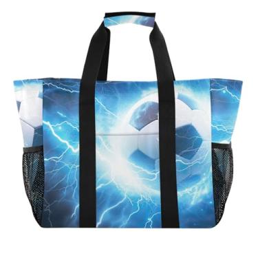 Imagem de ODAWA Bolsa de praia com bola de futebol azul relâmpago aberta, bolsas de praia embaláveis para verão e natação, Bola de futebol azul relâmpago, One Size