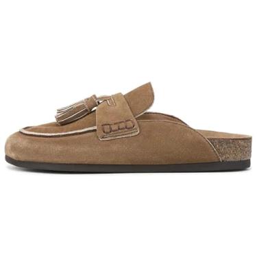 Imagem de ZJGZF Tamancos femininos de camurça sintética com borla de cortiça, mocassins planos confortáveis, tamancos de bico redondo, sapatos de caminhada, chinelos de outono, Bronzeado, 36