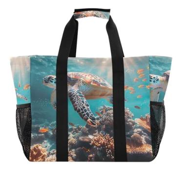 Imagem de ODAWA Bolsa de compras de tartaruga marinha colorida à prova de areia à prova d'água para academia e viagens, sacola de lona para férias, Tartaruga marinha coral colorida, One Size