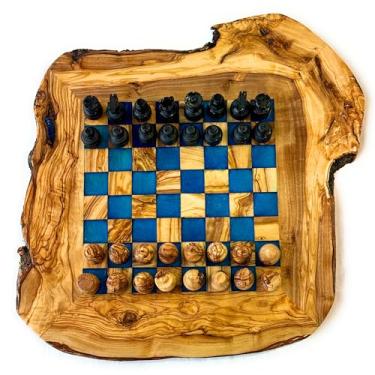 Imagem de Handcrafted Olive Wood Chess Set with Resin Inlay, Natural Wood Grain, 17 Inches, Rustic Live Edge Board with Chess Pieces in diffrent Colors (Ocean Blue Color)