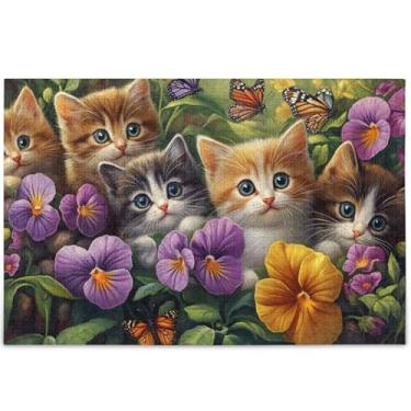 Imagem de Quebra-cabeça de gato floral adorável para adultos 500 peças divertido único brinquedo adulto personalizado flor animal impressão, 52 cm x 37,8 cm