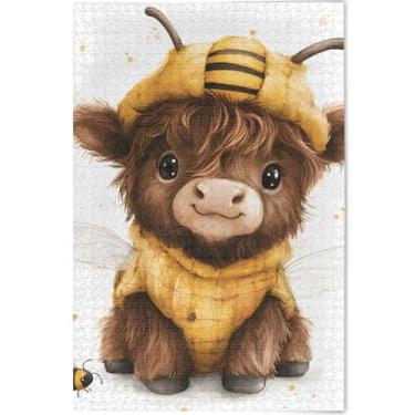 Imagem de Quebra-cabeças personalizados de vaca Highland com abelha, mel, adultos, 1000 peças, estampa animal, decoração de arte, quebra-cabeças exclusivos para adultos, jogo engraçado, 75 x 50 cm