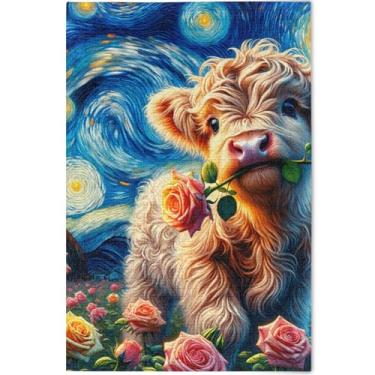 Imagem de Quebra-cabeças florais Starry Highland Gado Bezerro rosa 1000 peças para adultos arte animal impressão única colorido quebra-cabeça personalizado jogo tecnologia presentes, 75 cm x 50 cm
