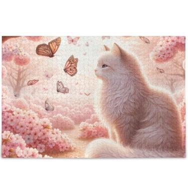 Imagem de Quebra-cabeças de 1000 peças com estampa de gato floral rosa para adultos, paisagem floral, família, divertido, personalizado, elefantes brancos, presentes, quebra-cabeça, 75 x 50 cm